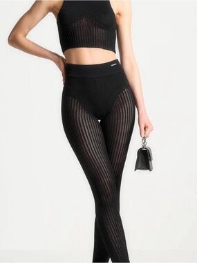 MANIERE DE VOIR Black Ribbed Sheer High-Waist Leggings